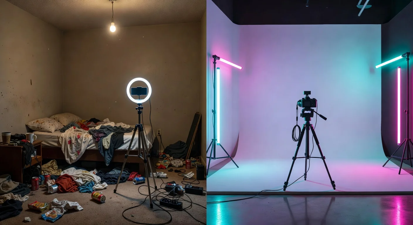 A split screen showing a messy bedroom selfie on the left and a studio-lit high fashion portrait on the right
