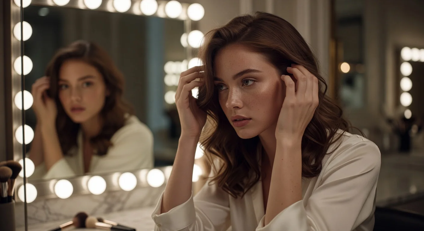 Woman with glowing skin preparing for a holiday event in bright natural light