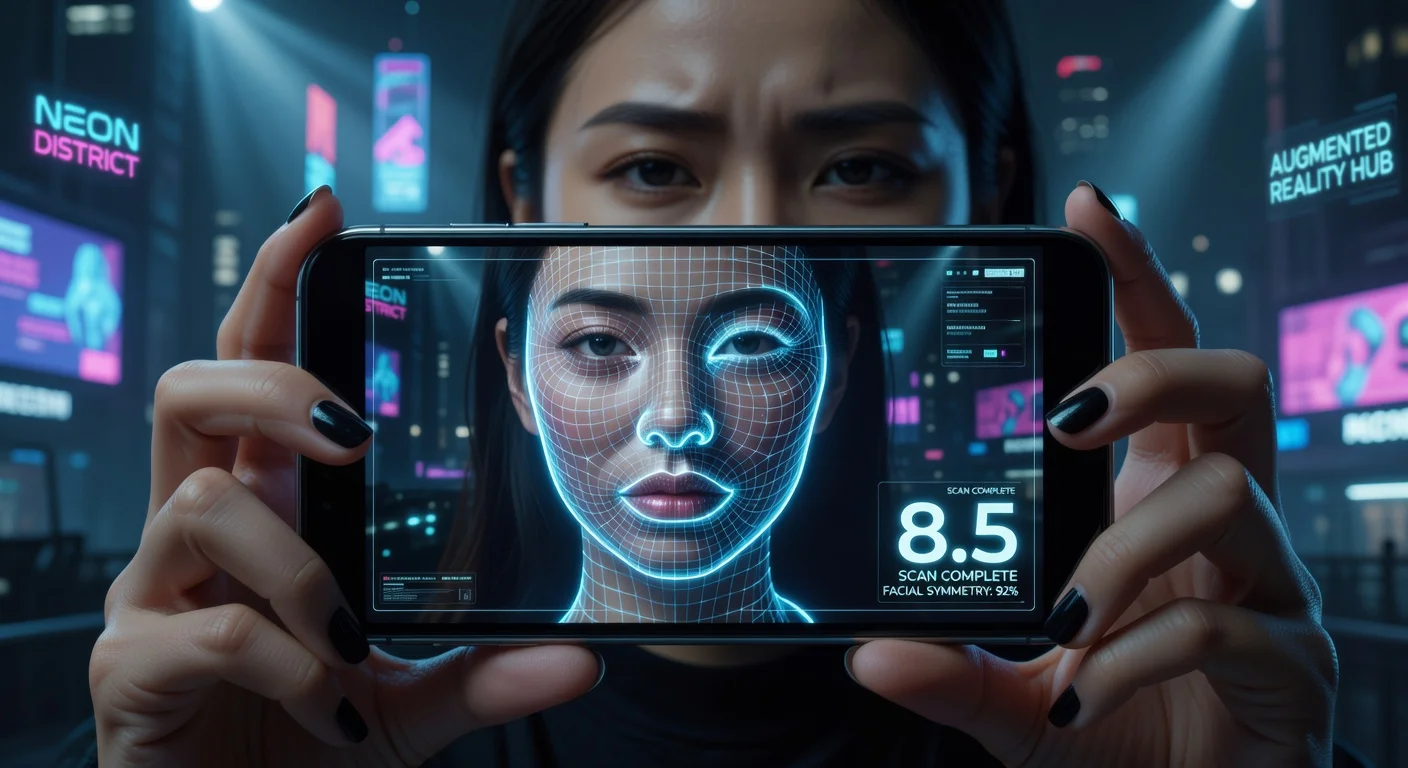 A woman holding a smartphone displaying an AI attractiveness face scan analysis and a glow up guide.