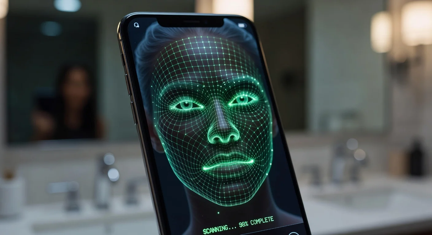 A split screen showing a raw selfie on the left and an AI-analyzed version with vector lines mapping facial symmetry on the right.