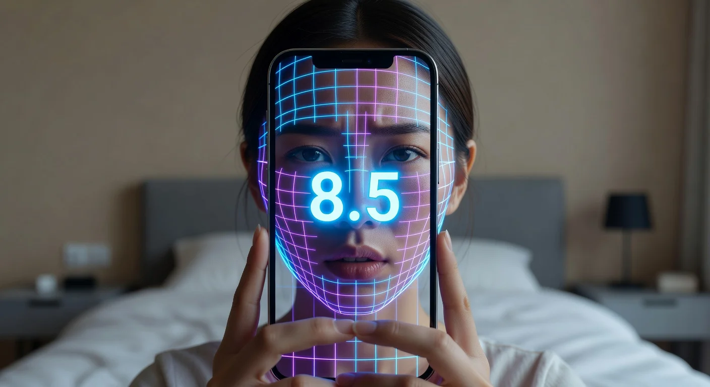 A woman looking at an AI attractiveness analysis scan on her smartphone