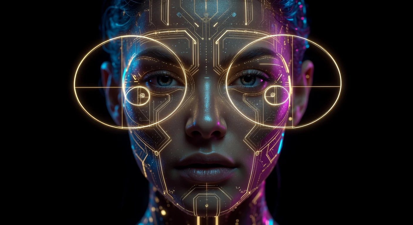 A split-screen comparison showing a raw selfie on the left and a geometric wireframe analysis on the right.