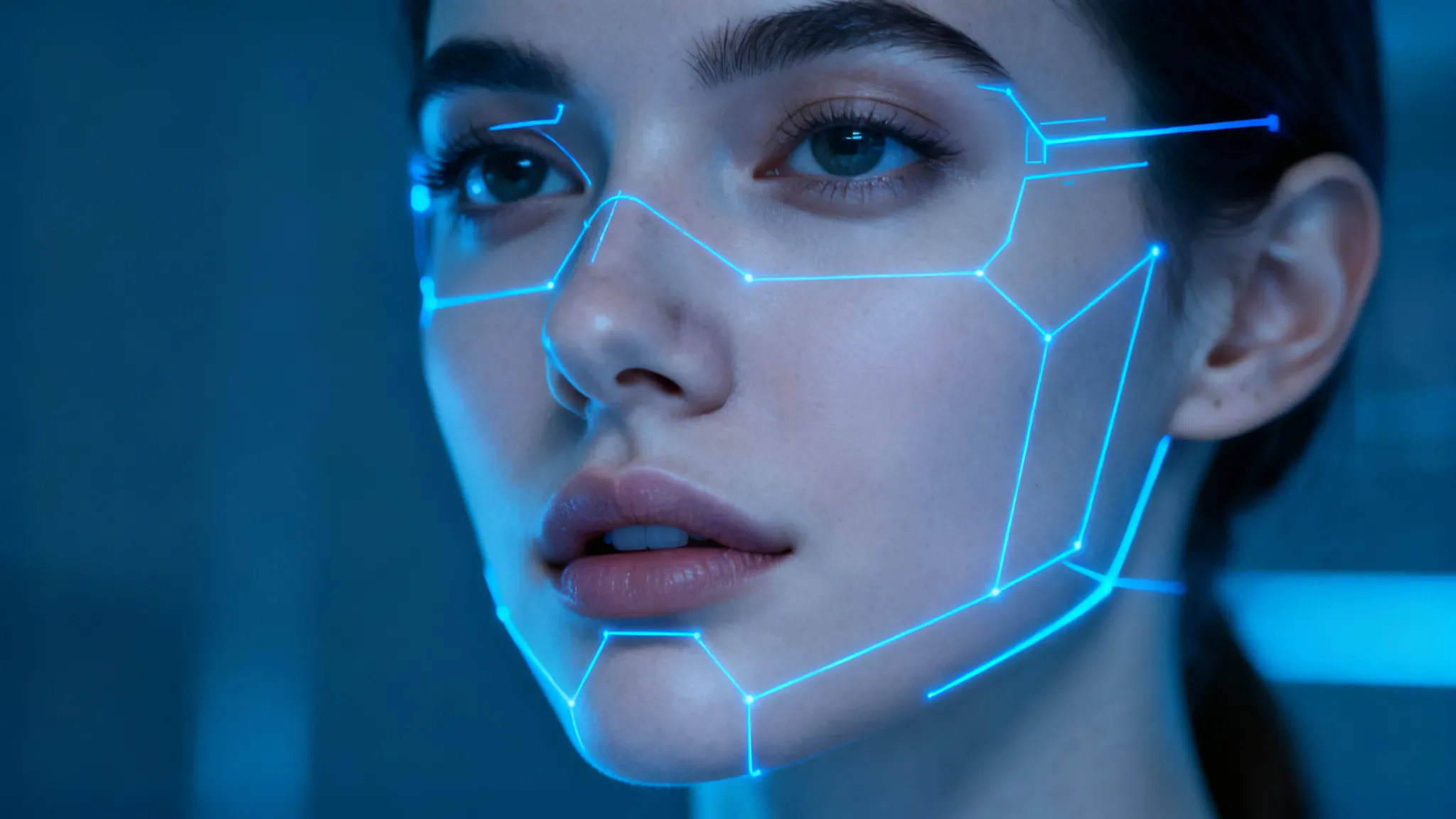A smartphone screen displaying a facial analysis grid overlay on a woman's selfie with data points for eyes, nose, and jawline.
