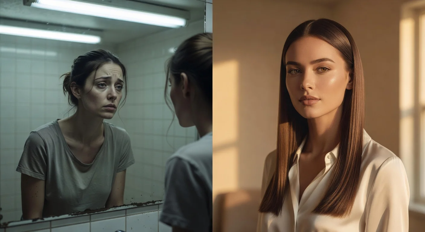 A split screen showing a woman before and after a fast aesthetic glow up process.