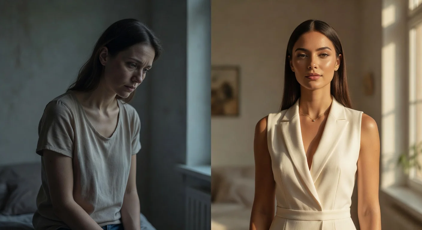 Side by side comparison of a woman before and after a natural glow up transformation with soft lighting