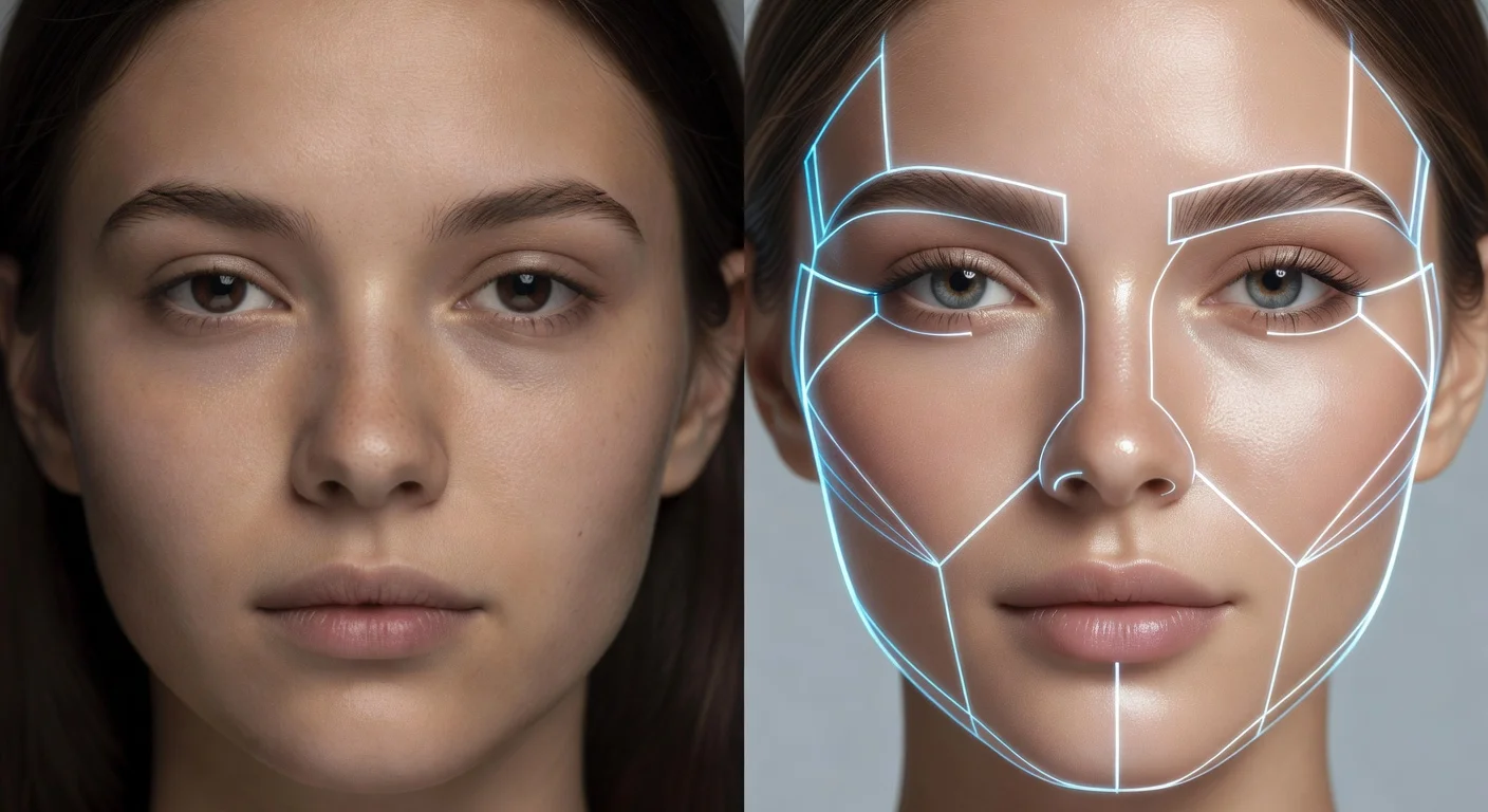 A woman comparing two selfies on her phone showing a dramatic aesthetic transformation.