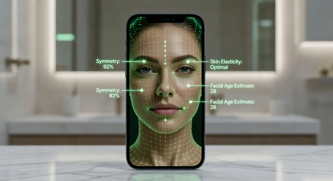 A split-screen comparison showing a woman's face before and after applying digital looksmaxxing techniques, highlighted with soft neon lighting.