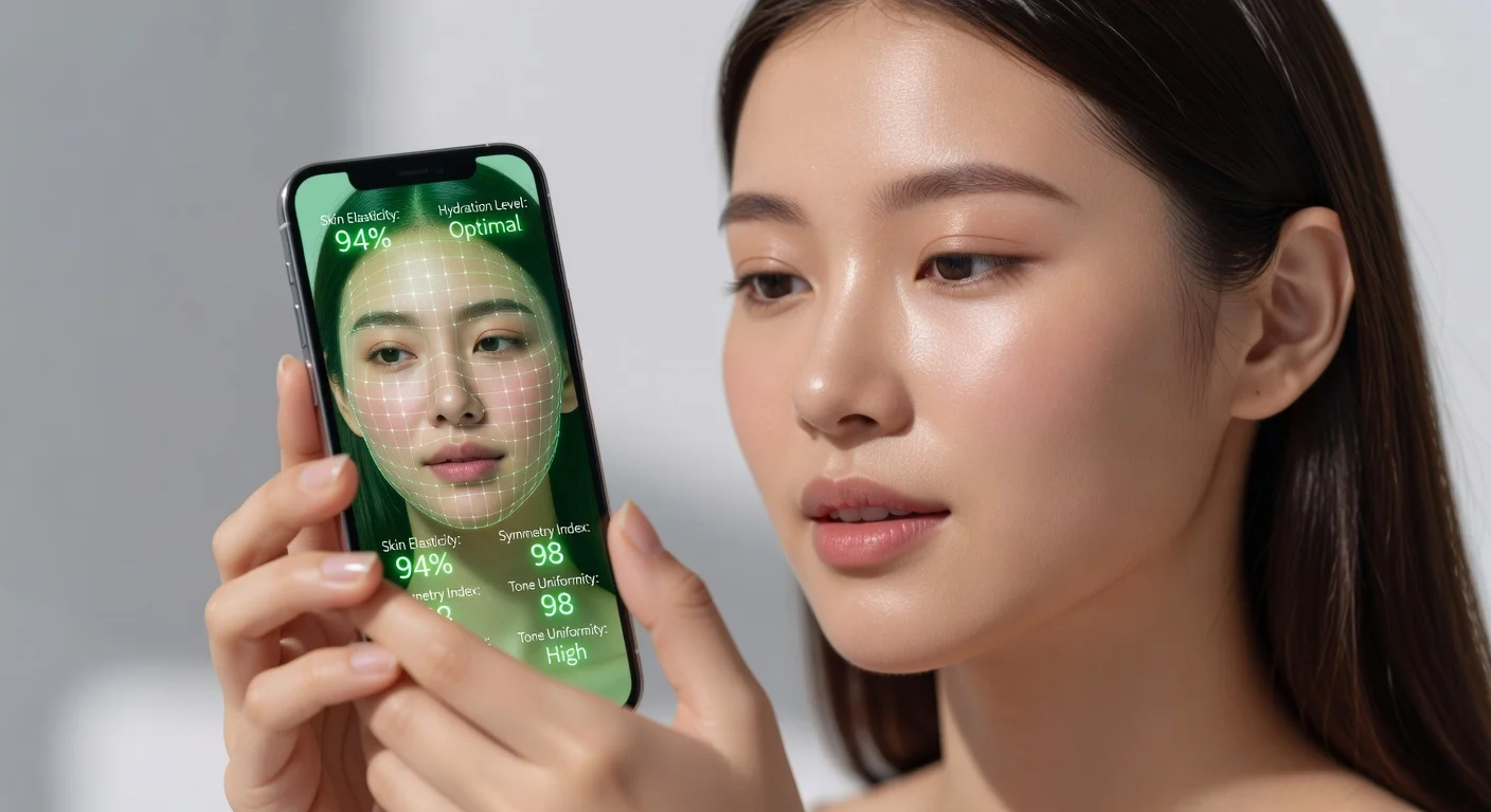 A split screen comparison showing a woman's natural selfie versus an AI-enhanced glowing version with data points overlaying the face structure.