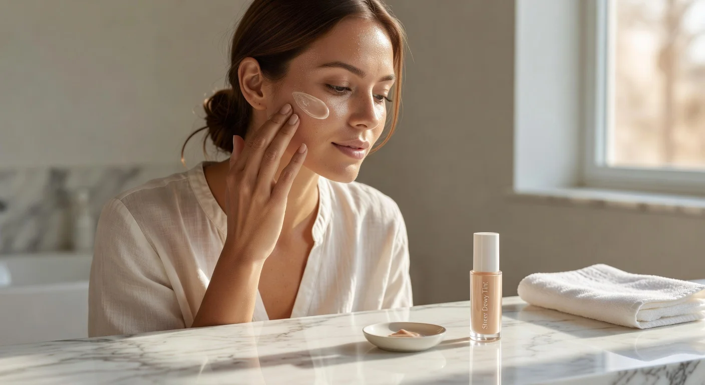 A woman applying liquid highlighter to her cheekbones using a damp beauty sponge in bright natural light.