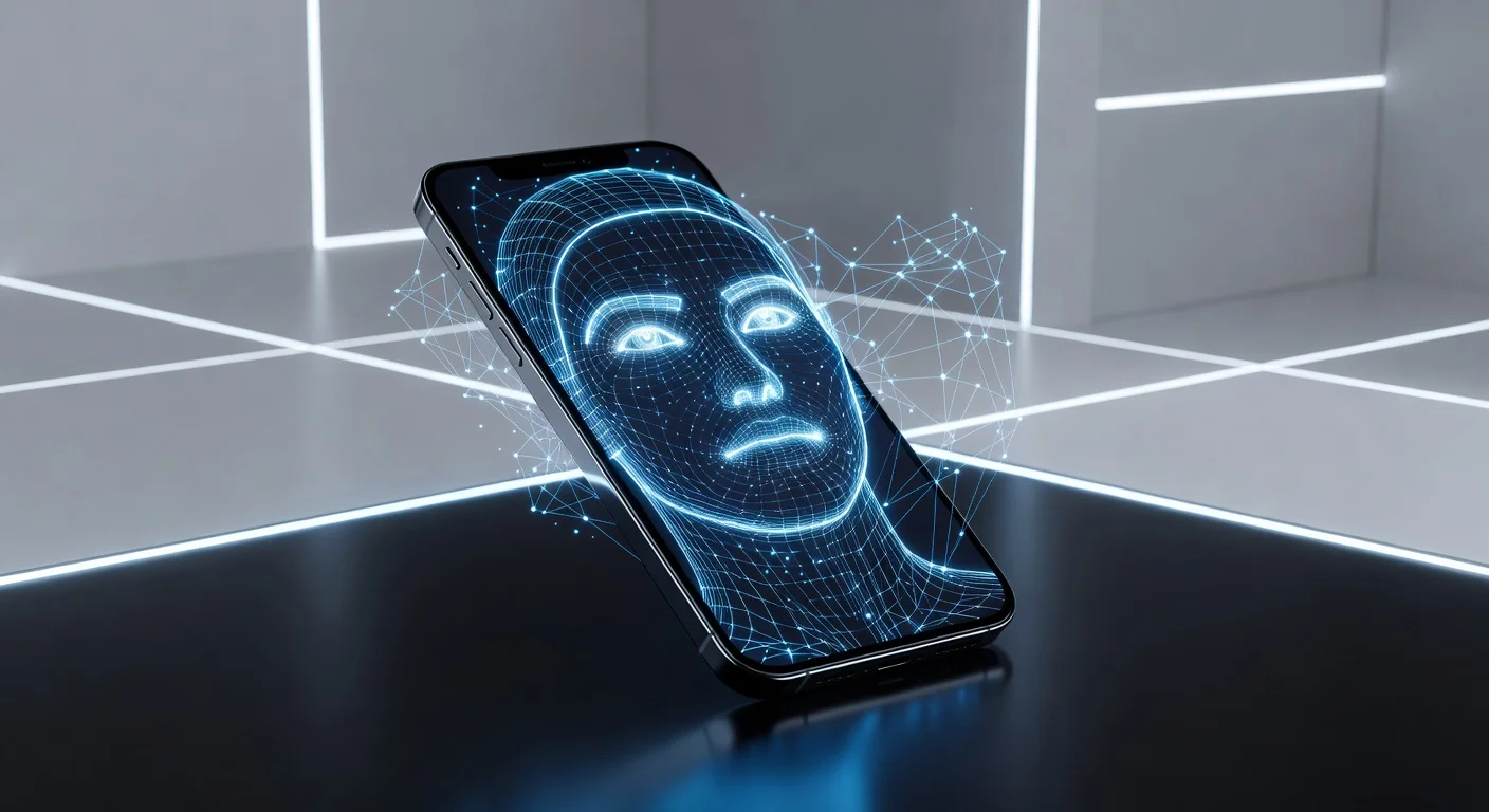 A glowing smartphone screen displaying a 3D wireframe mesh over a woman's face, illustrating an objective attractiveness test.