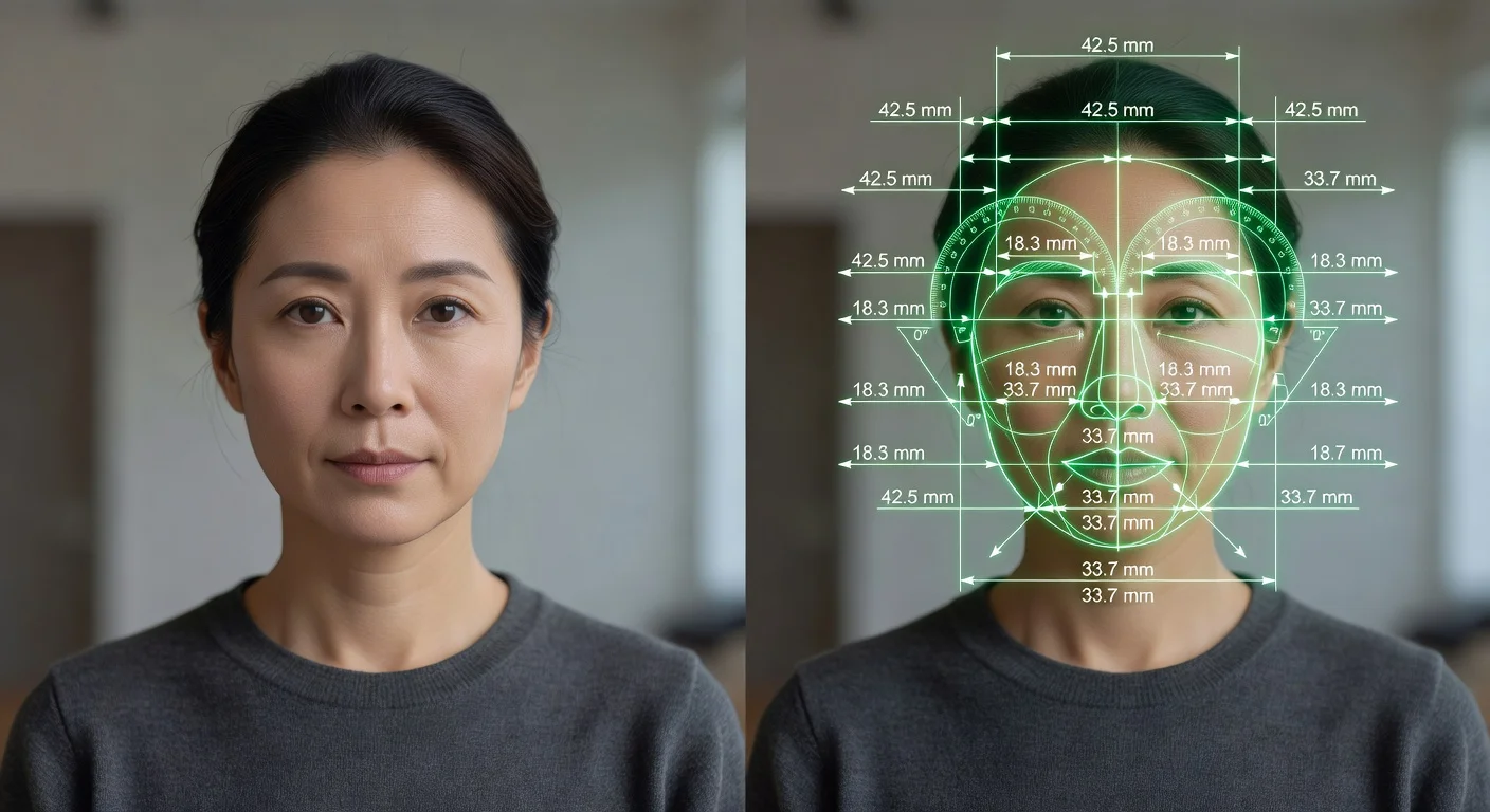 Mathematical angles and lines overlaying a human face indicating facial third measurements.