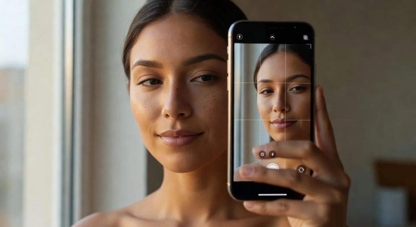 Taking a perfectly lit selfie next to a window for an AI beauty scan.