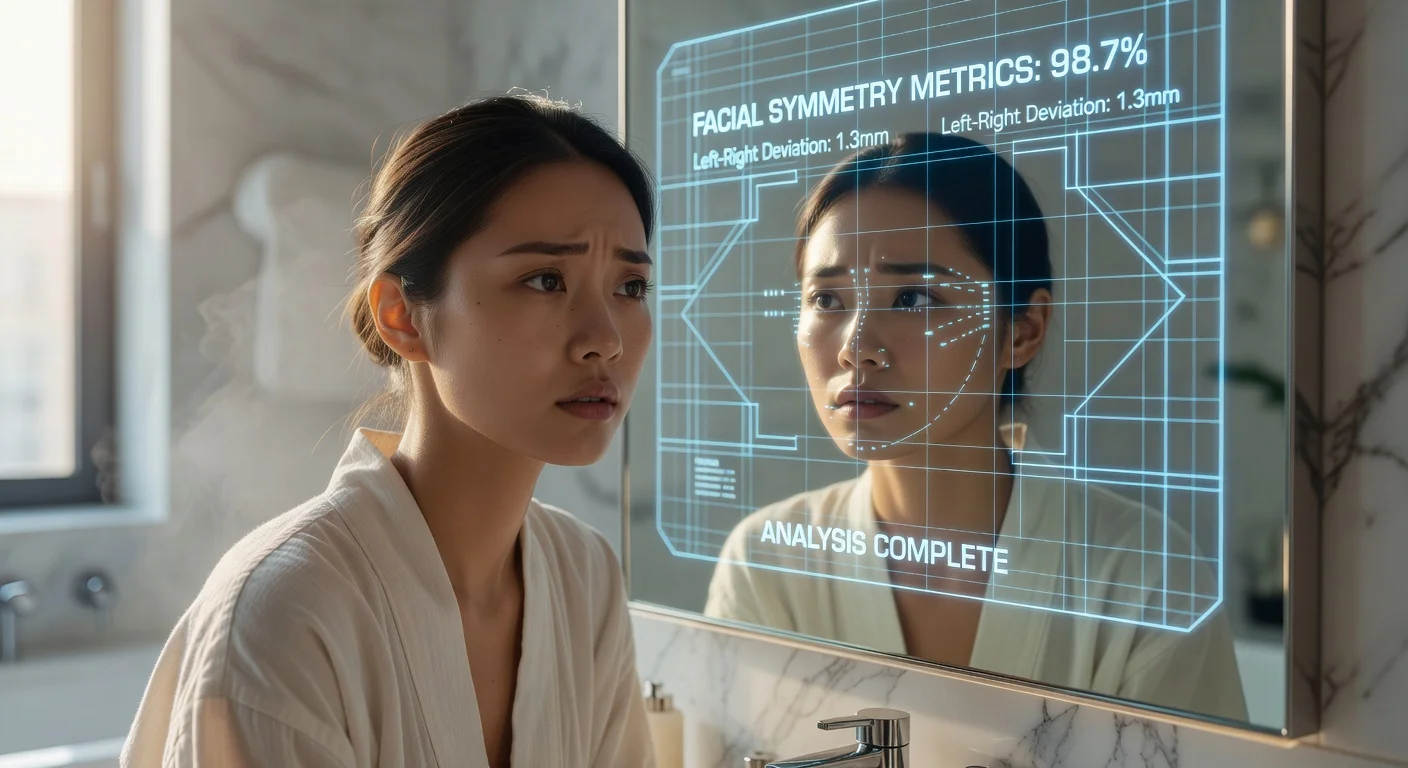 Woman looking at a facial analysis app on her smartphone showing glow up metrics