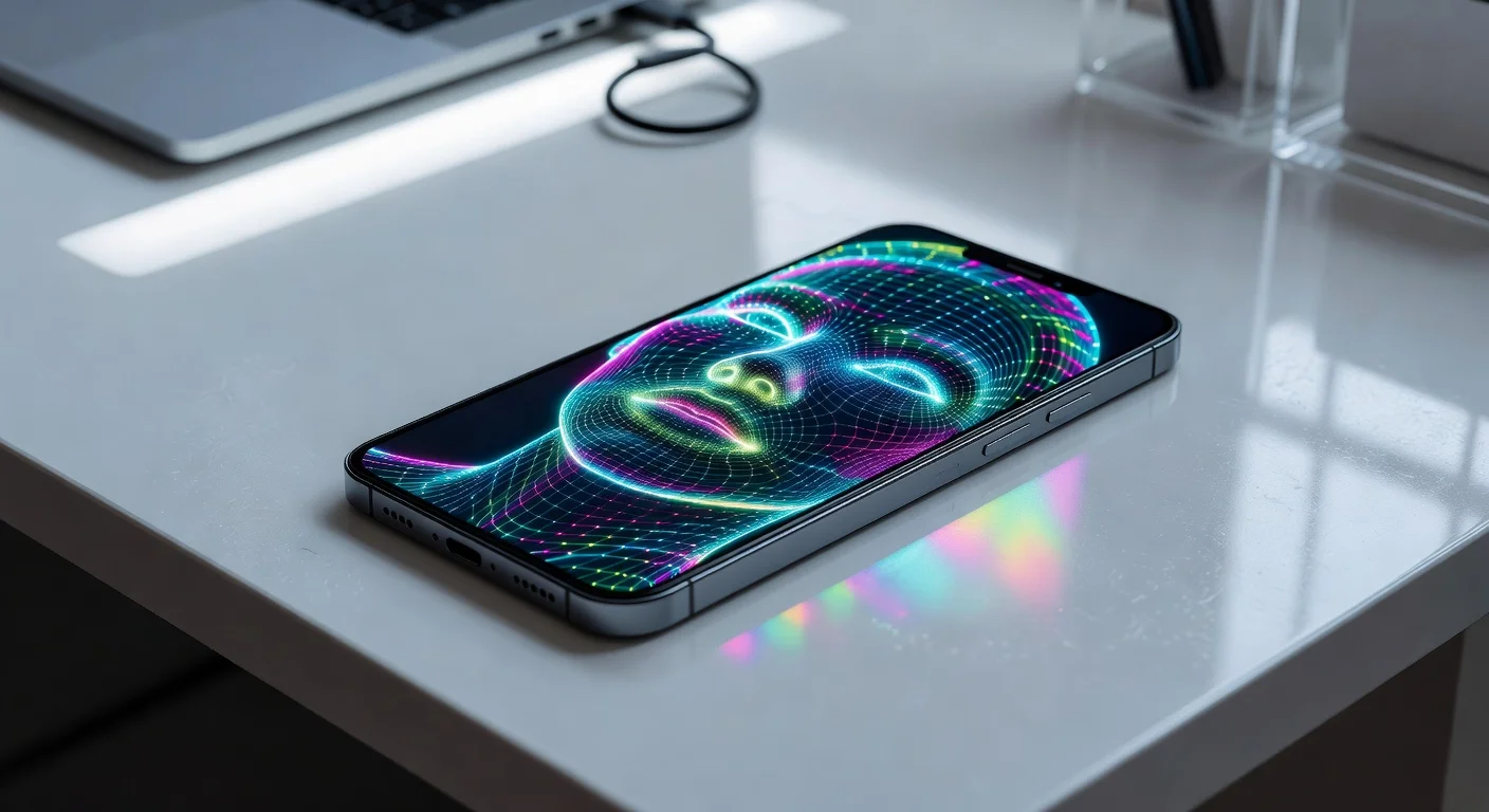 A split-screen graphic showing a woman's unedited selfie on the left and a smartphone scanning facial landmarks with glowing technical nodes on the right.