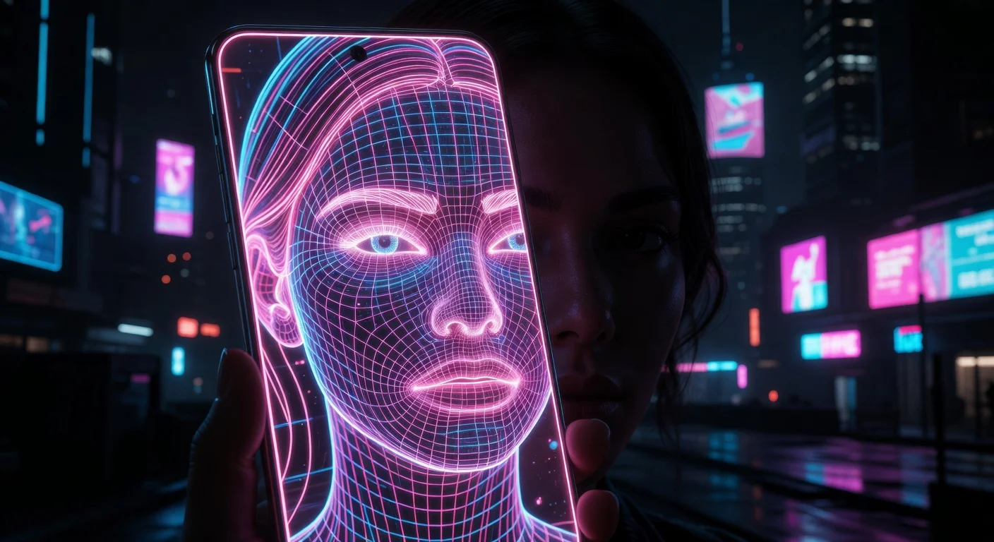 Smartphone interface showing an AI facial symmetry analysis mapping out proportions with a 3D wireframe mesh.