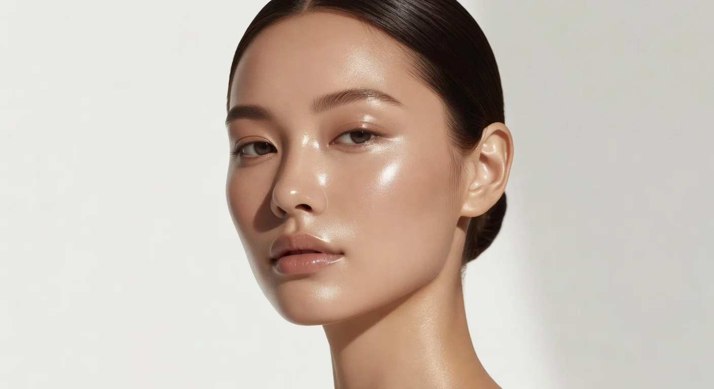 A woman with glowing, radiant dewy makeup applying highlighter to her cheekbones.