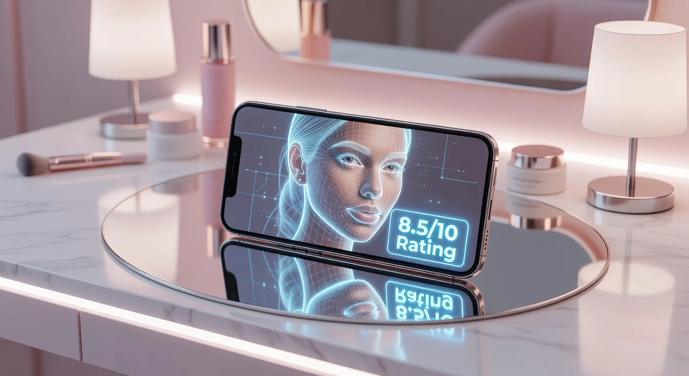 A smartphone displaying an AI face scan and attractiveness rating overlaying a woman's portrait.