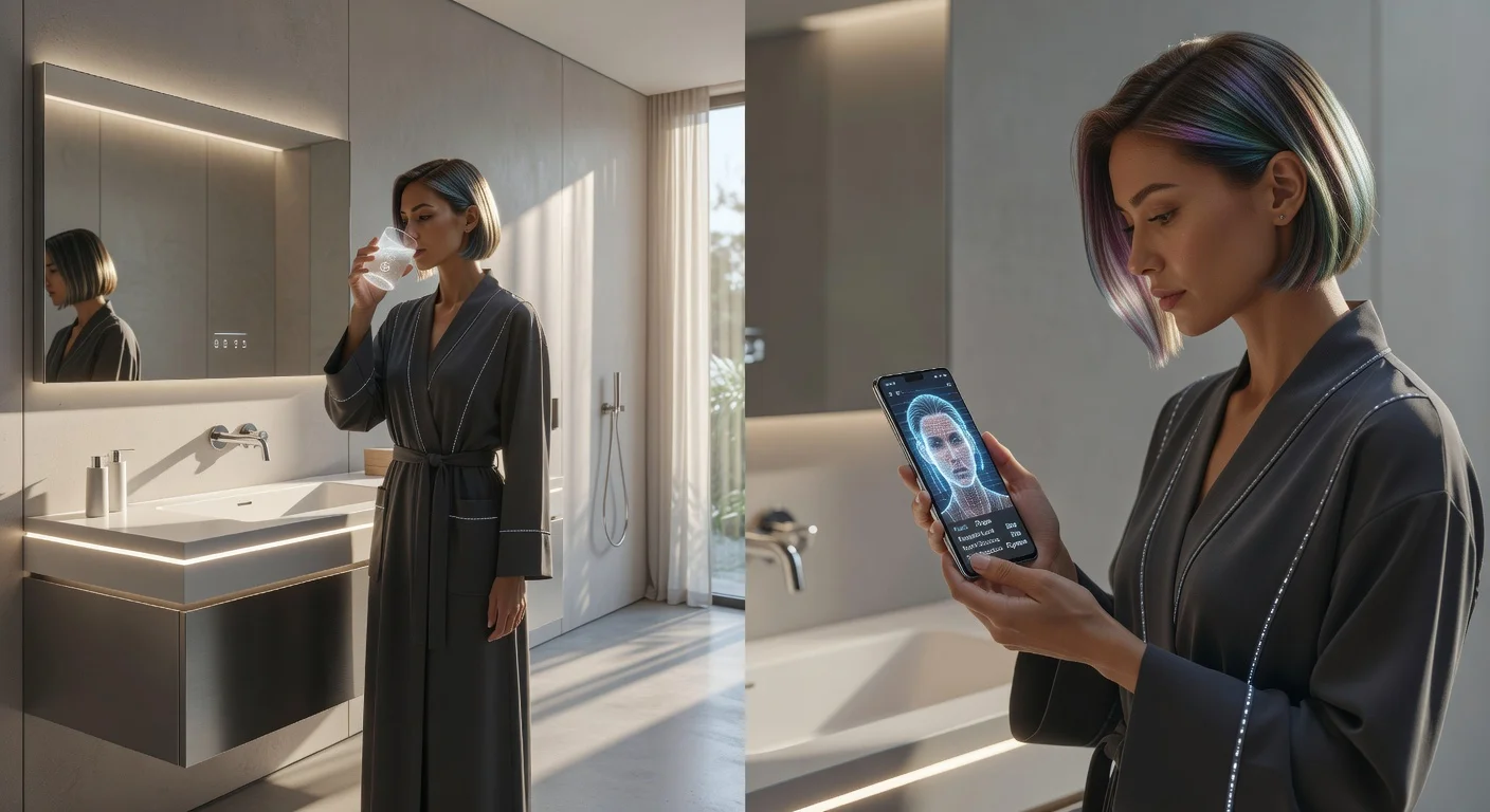 A woman fixing her posture and applying a basic moisturizer in a naturally lit mirror