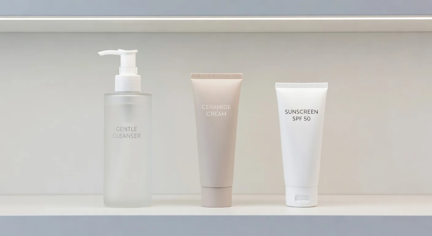 Minimalist three step skincare routine featuring cleanser, moisturizer, and SPF.