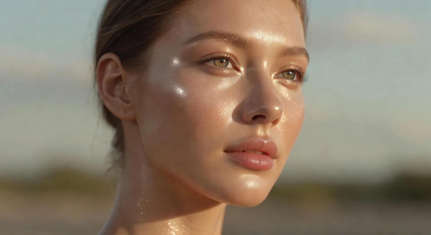 Close up of model with dewy skin and highlighter on cheekbones resembling strobing technique