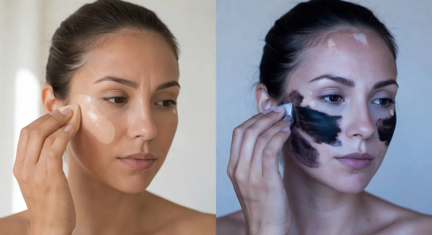 A split screen showing a woman's face in natural light versus under a UV camera revealing black sunscreen coverage