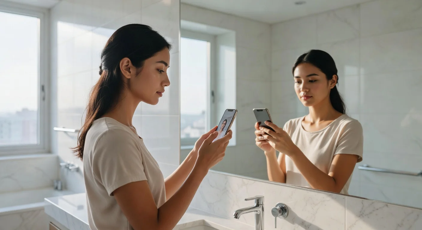 A woman inspecting her skin in a modern aesthetic bathroom mirror